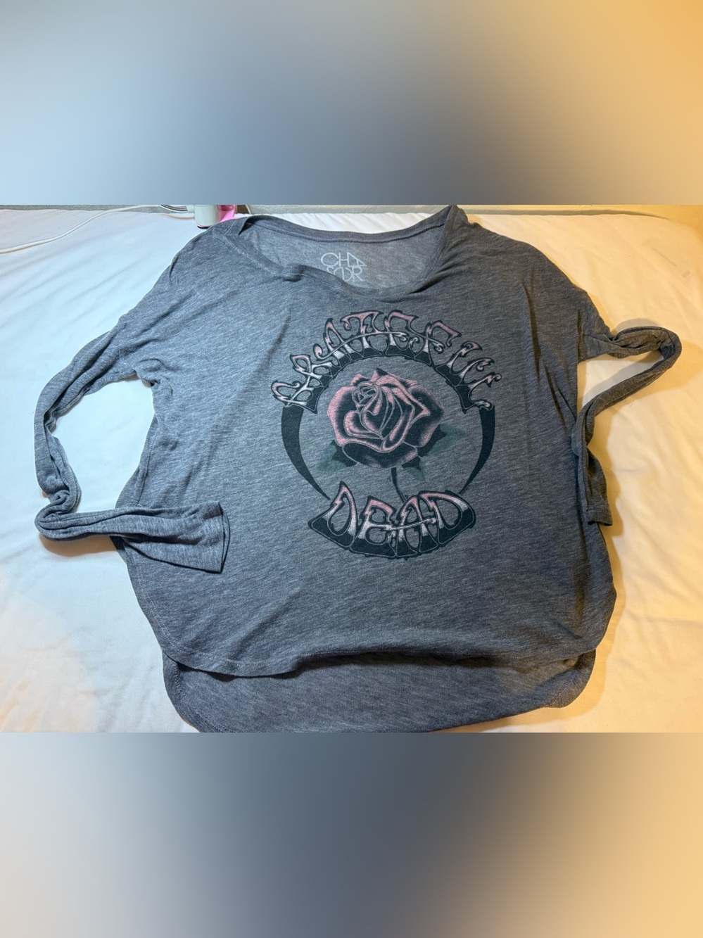 Chaser Gray Long Sleeve Tee with Pink Rose Graphic